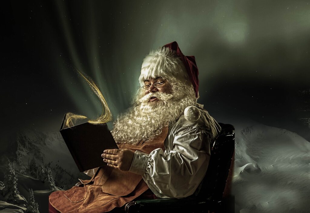 Santa Claus reading a book, whimsical background