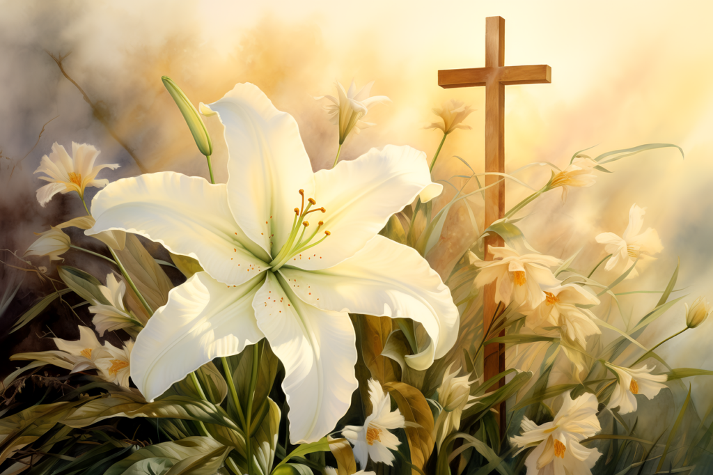 image of white Easter lily with brown cross in the background