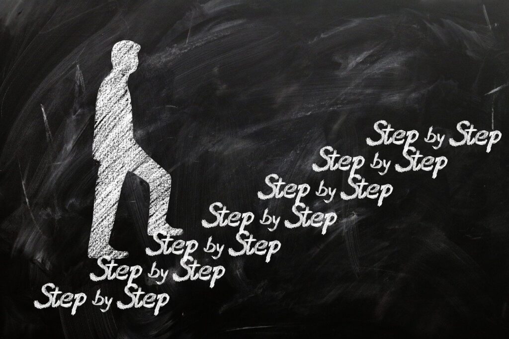 black and white image, man going up steps labeled 'step by step'