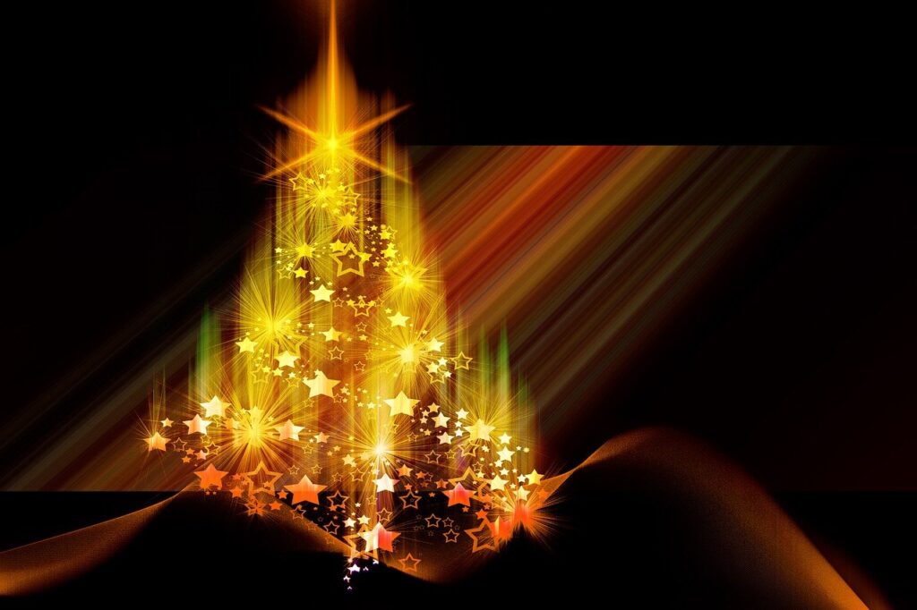 Christmas tree made up of gold stars, black background