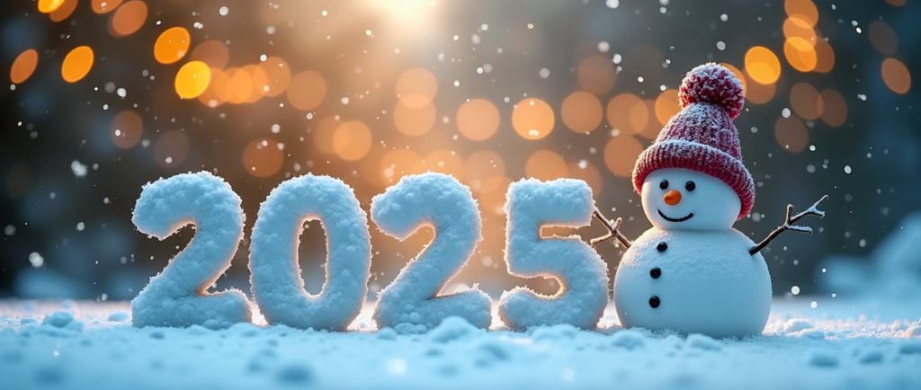 2025 image with snowman, snowy foreground, gold background