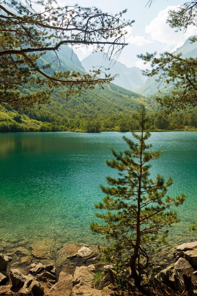 mountain scene of serenity with aqua blue lake, pine tree and rocks in the foreground