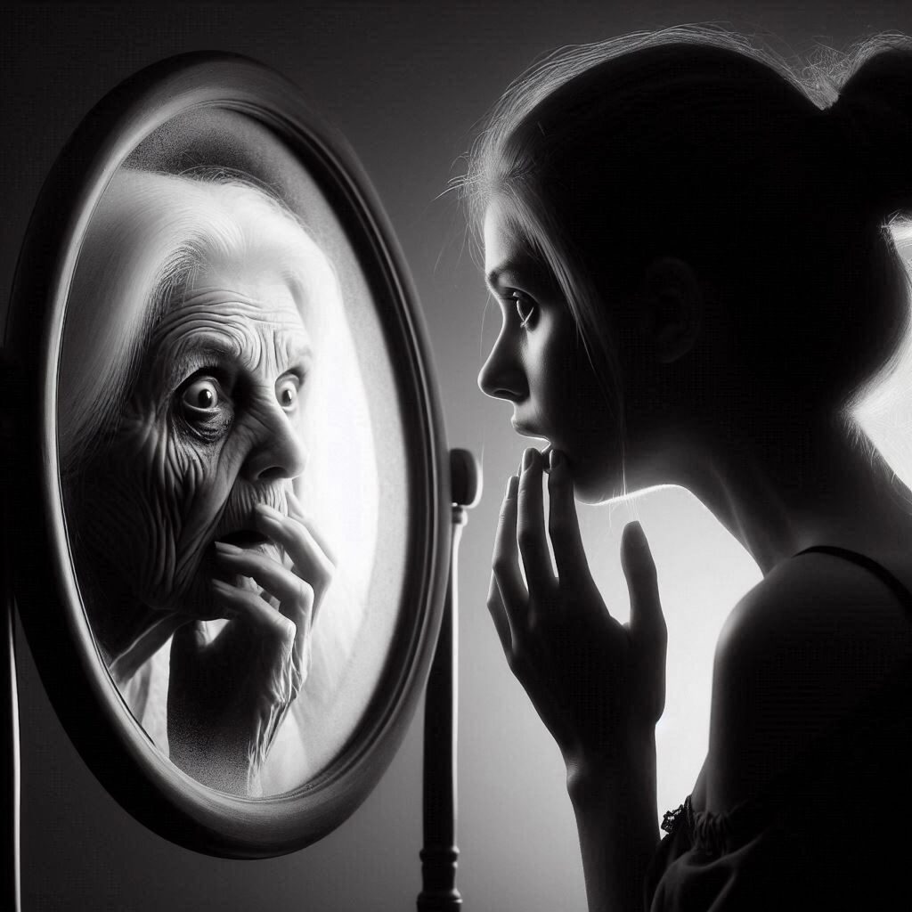 aging-8802261_1280 black and white young woman looking in mirror at older self