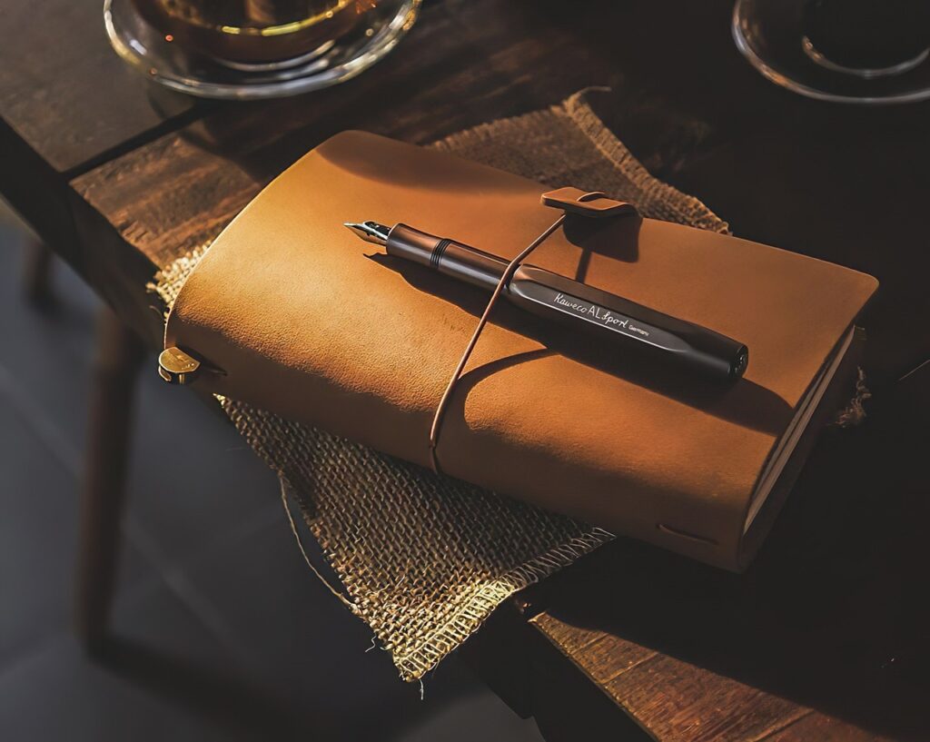 book and pen brown leather journal and calligraphy pen