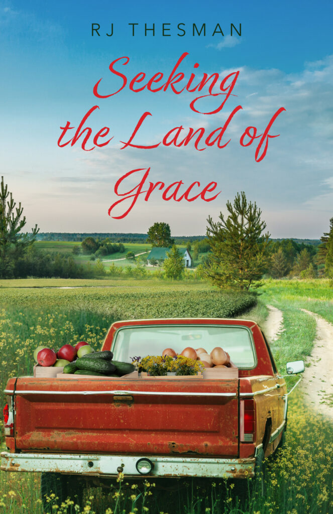 Thumbnail - Seeking-the-Land Red pickup in farm scene, loaded with produce for farmer's market