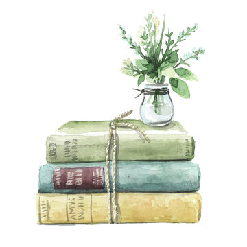 books Stack of vintage books tied with string. Topped with a plant in water.
