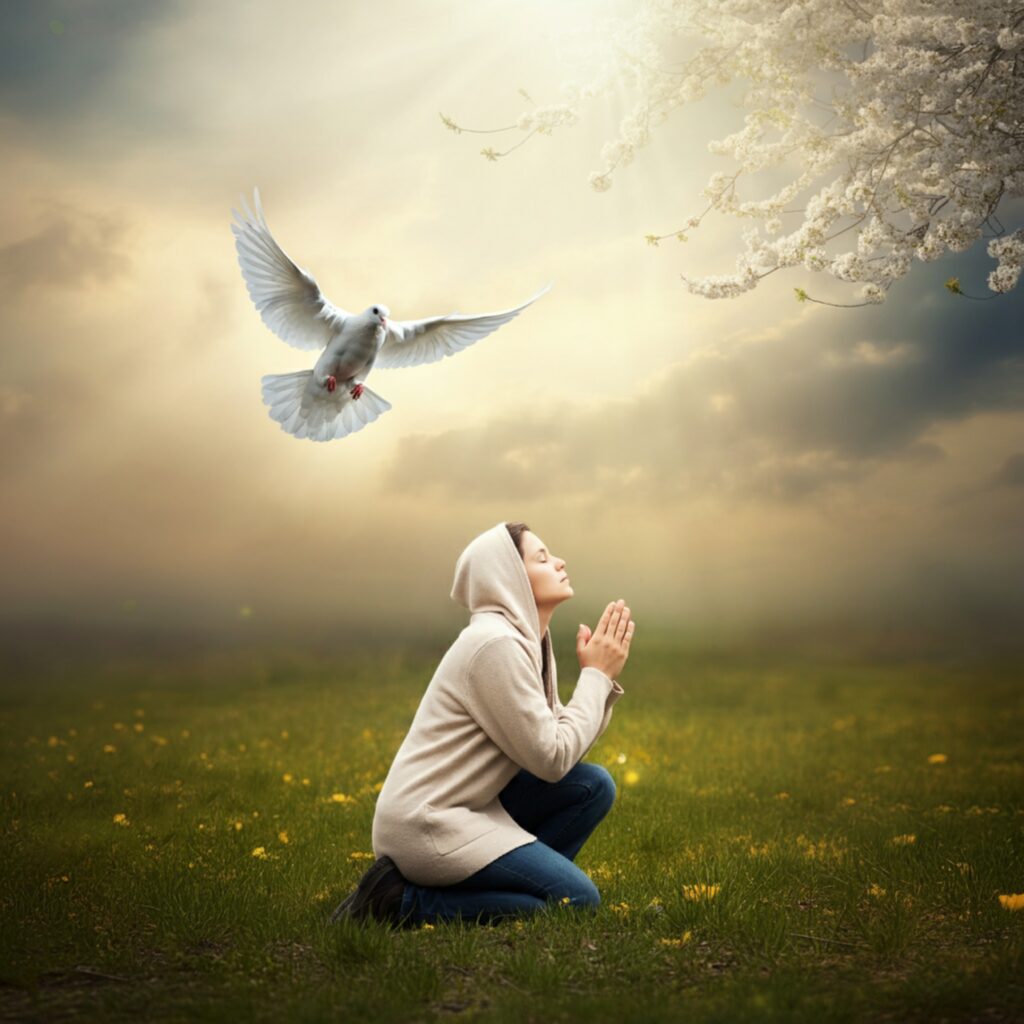 dove drawing near to praying person